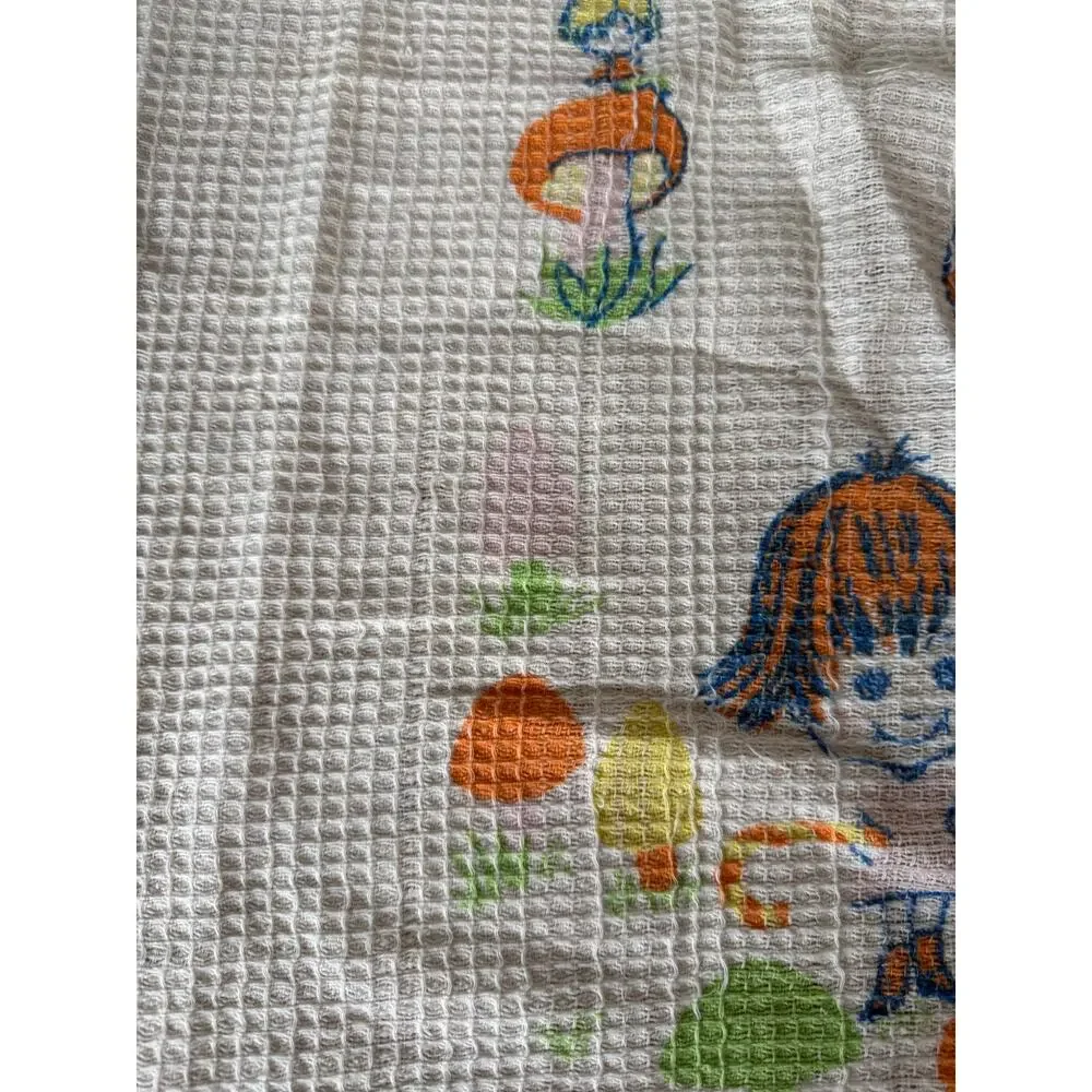 Vintage‎ Hansel & Gretel satin trimmed waffle knit mushroom print orange blanket